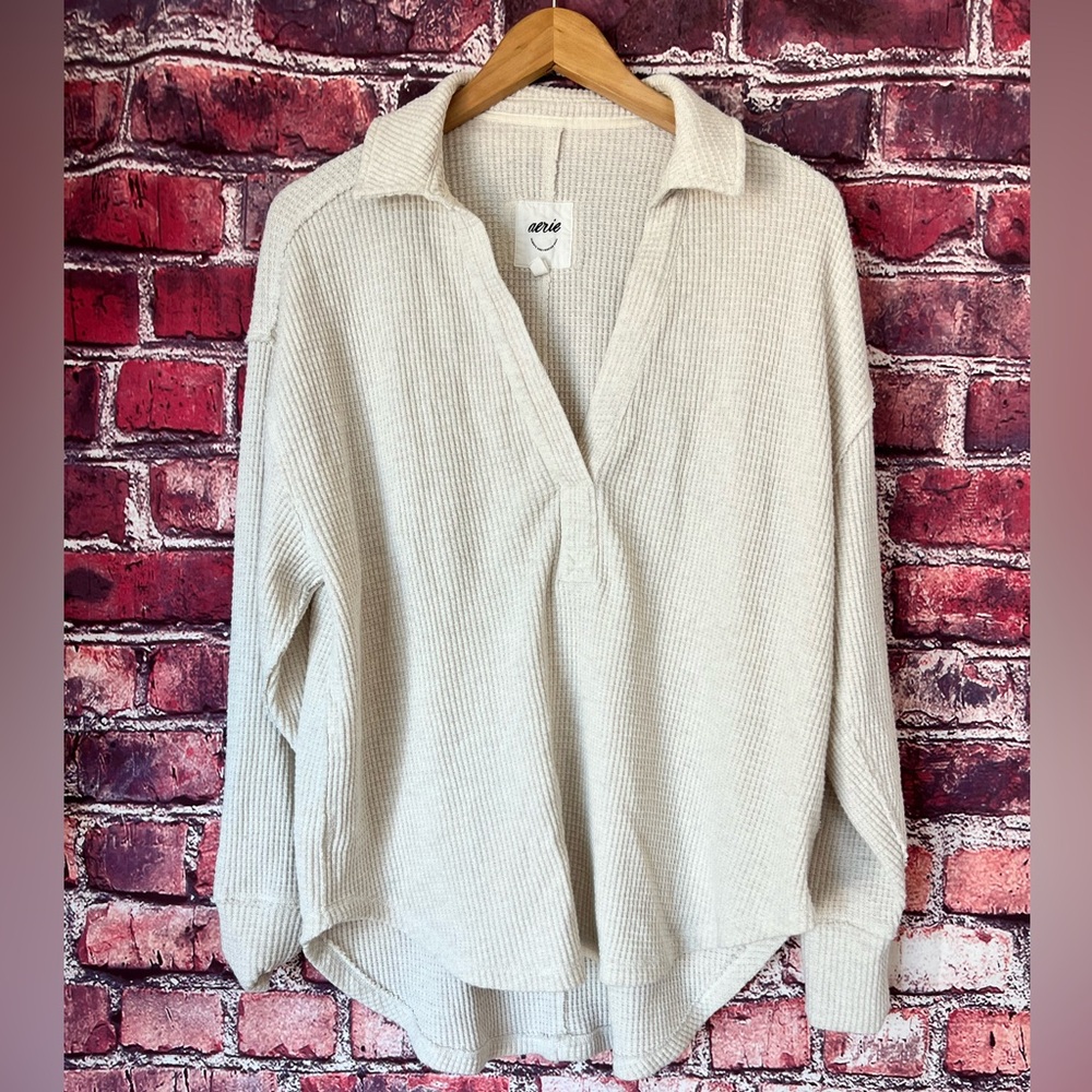 Aerie Lumberjane Waffle Polo Knit Oversized Pullover